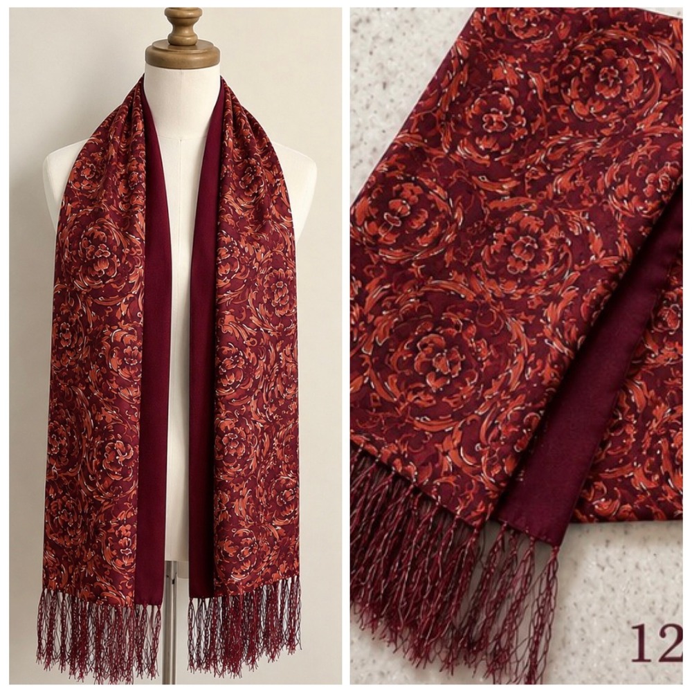 Saldarini Scarf Unisex OS Burgundy Baroque Scroll Fringe Italian Luxury Wrap